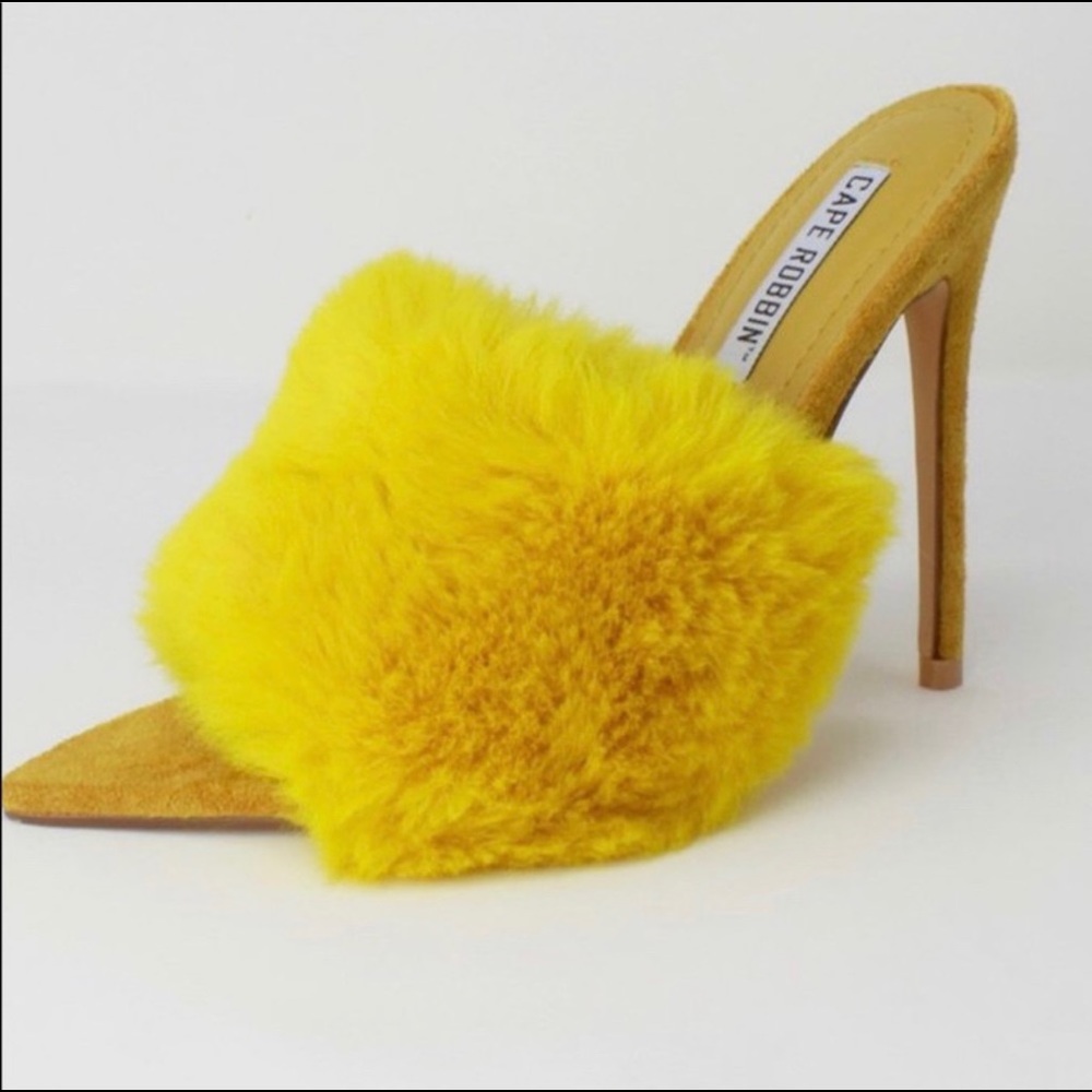 Faux fur yellow heels